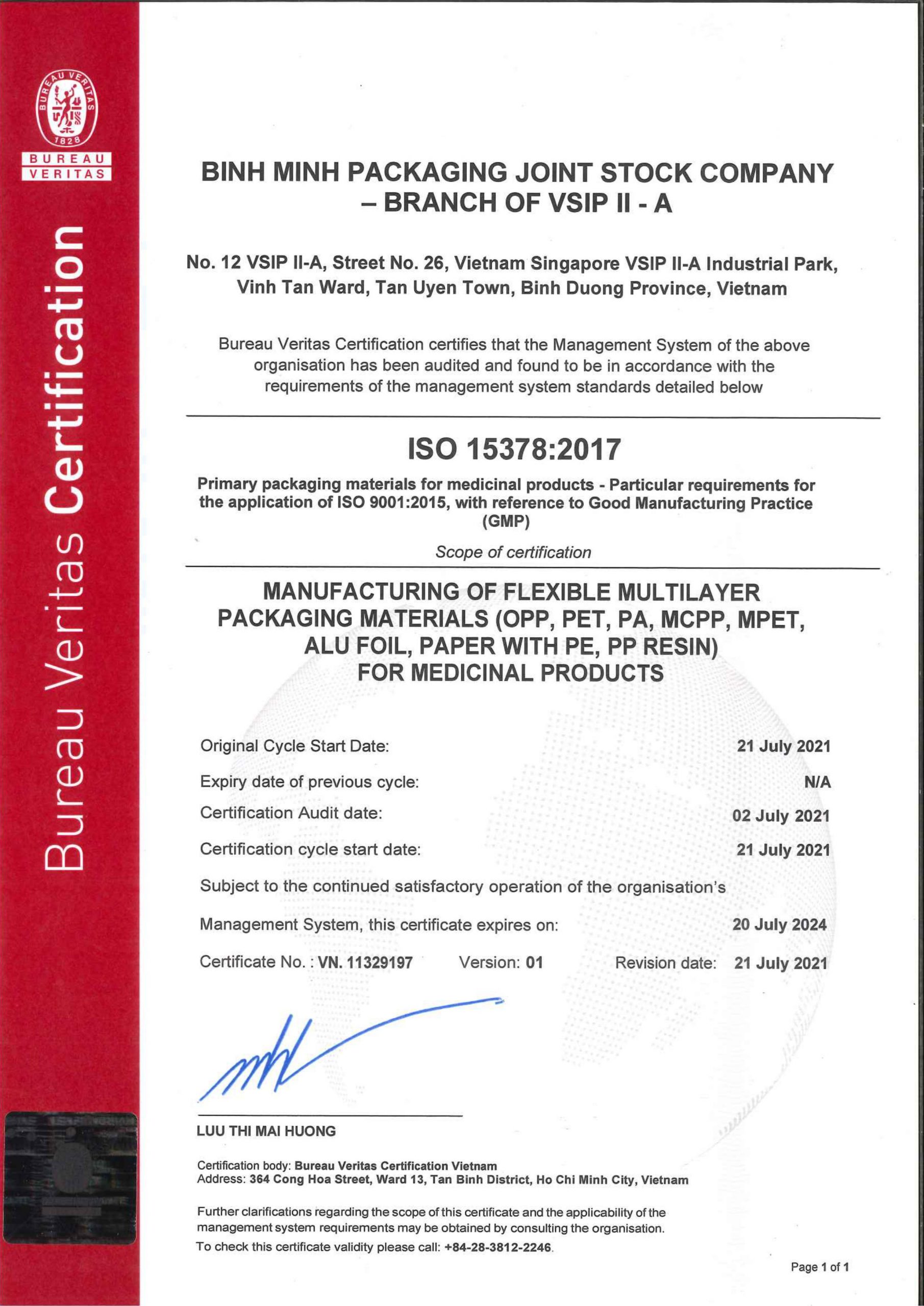  chứng nhận Iso 15378:2017